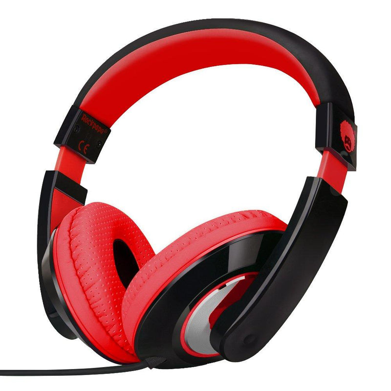 Rockpapa On Ear Stereo Headphones Earphones for Adults Kids Childs Teens, Adjustable, Heavy Deep Bass for MP3/4 DVD Smartphones Laptop Tablet in Car/Airplane Black/Red Black, Red