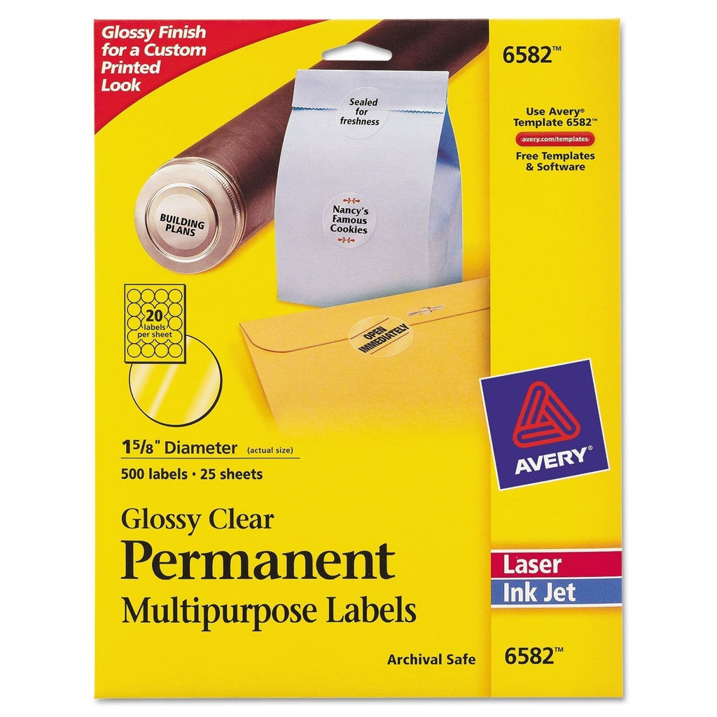 Avery 6582 Round Print-to-The-Edge Permanent Labels, 1 2/3-Inch Dia, Glossy Clear, 500/Pack