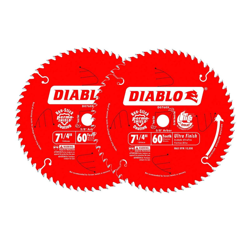 Diablo 7-1/4" x 60-Tooth ATB Ultra Finish Saw Blade with 5/8" Arbor (2-Pack) Pack of 2