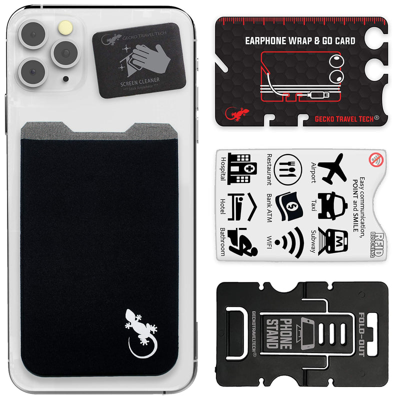 Gecko Adhesive Phone Wallet & RFID Blocking Sleeve, a Stick-On Stretchy Lycra Card holder Universally fits most Cell Phones & Cases. Xtra Tall Pocket Totally Covers Credit Cards & Cash - BLACK