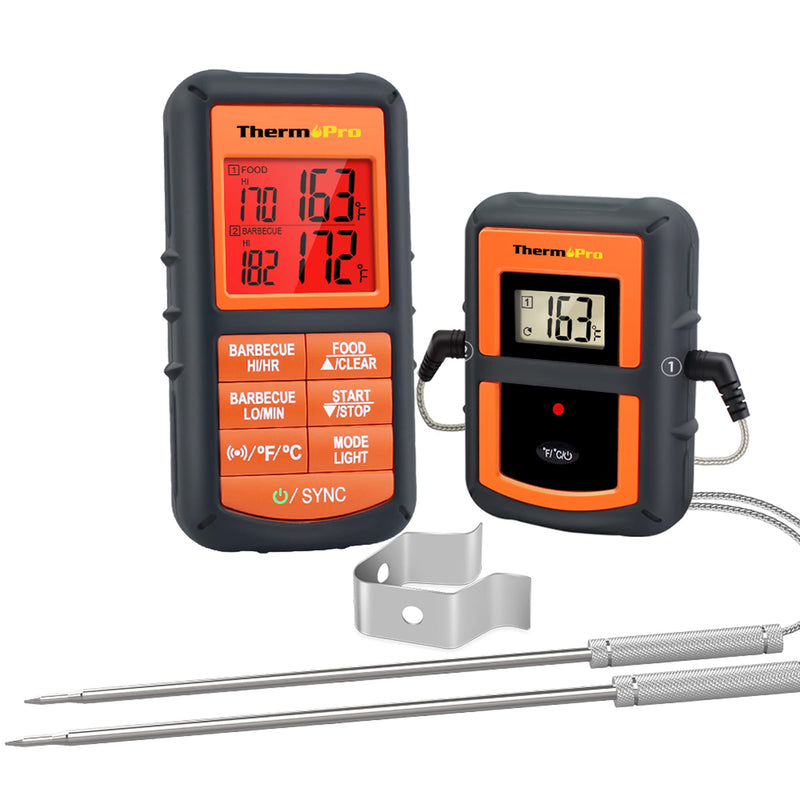 ThermoPro TP08S Wireless Digital Meat Thermometer for Grilling Smoker BBQ Grill Oven Thermometer with Dual Probe Kitchen Cooking Food Thermometer Orange
