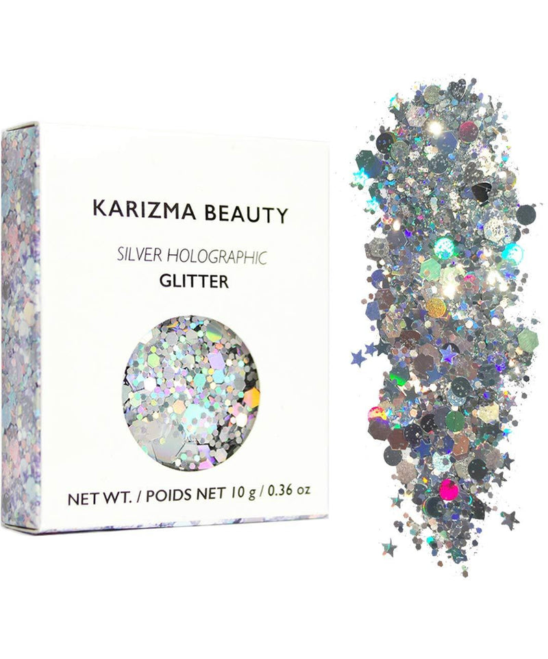 Silver Holographic Chunky Glitter âœ® KARIZMA Beauty âœ® 10g Festival Glitter Cosmetic Face Body Hair Nails Silver Holographic