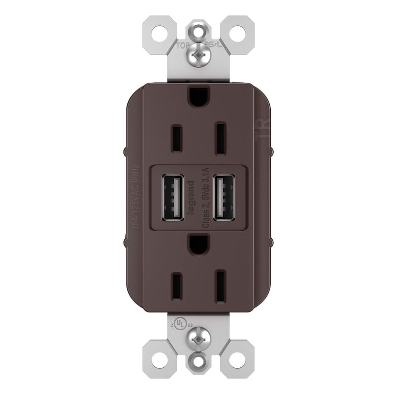 Legrand radiant 15 Amp Decorator Wall Outlet with 3.1 Amp USB Charger, Dark Bronze, TM826USBDBCCV4