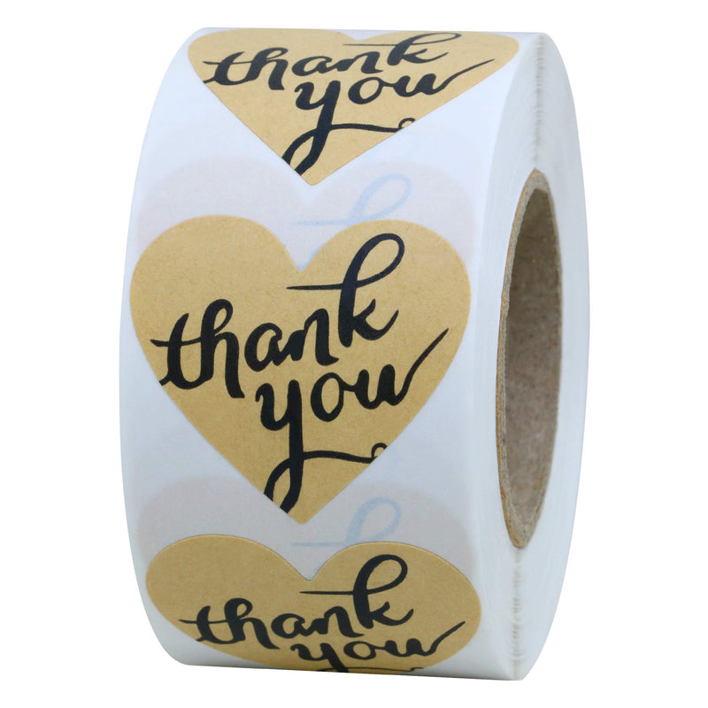 Hybsk Love Heart Kraft Paper Thank You Stickers with Heart 1.5 Inch Adhesive Labels 500 Per Roll (Kraft)