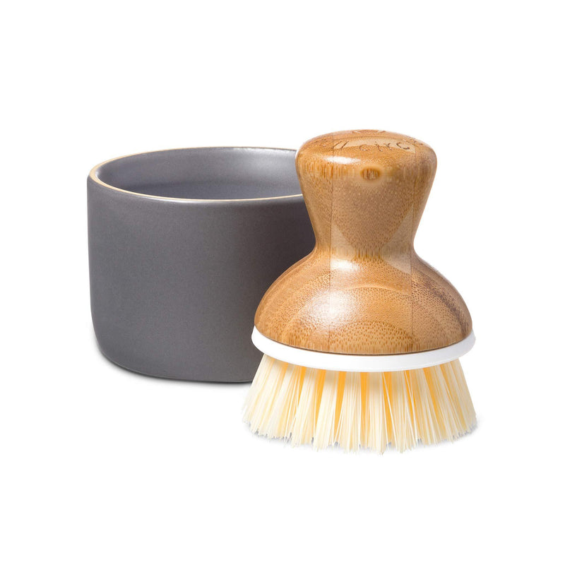 Full Circle Bubble Up Ceramic Soap Dispenser & Bamboo Dish Brush, White/Gray Dish Brush + Dispenser Grey/White