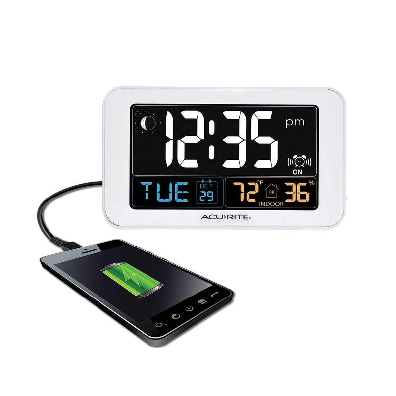 AcuRite Intelli-Time Alarm Clock with USB Charger, Indoor Temperature and Humidity (13040CA), 0.8, White