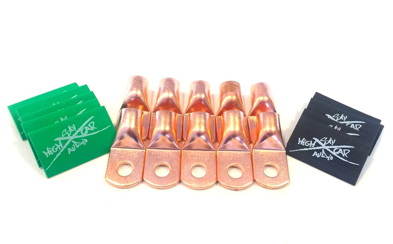 Sky High Car Audio (10) 1/0 Gauge Copper Ring Terminals 3/8" Green/Black Heat Shrink Tubing LUGS
