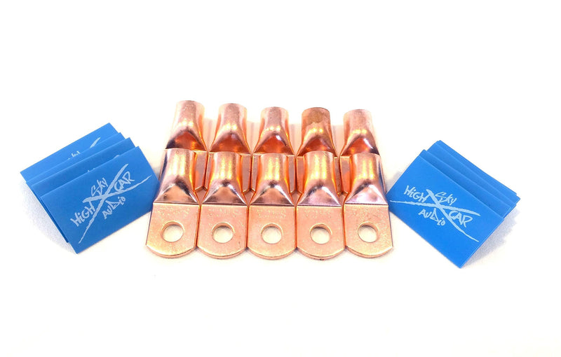 Sky High Car Audio (10) 1/0 Gauge Copper Ring Terminals 3/8" Blue Heat Shrink Tubing LUGS