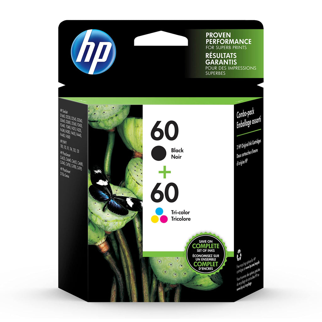 Original HP 60 Black/Tri-color Ink Cartridges (2-pack) | Works with DeskJet D1660, D2500, D2600, D5560, F2400, F4200, F4400, F4580; ENVY 100, 110, 120; PhotoSmart C4600, C4700, D110a Series | N9H63FN