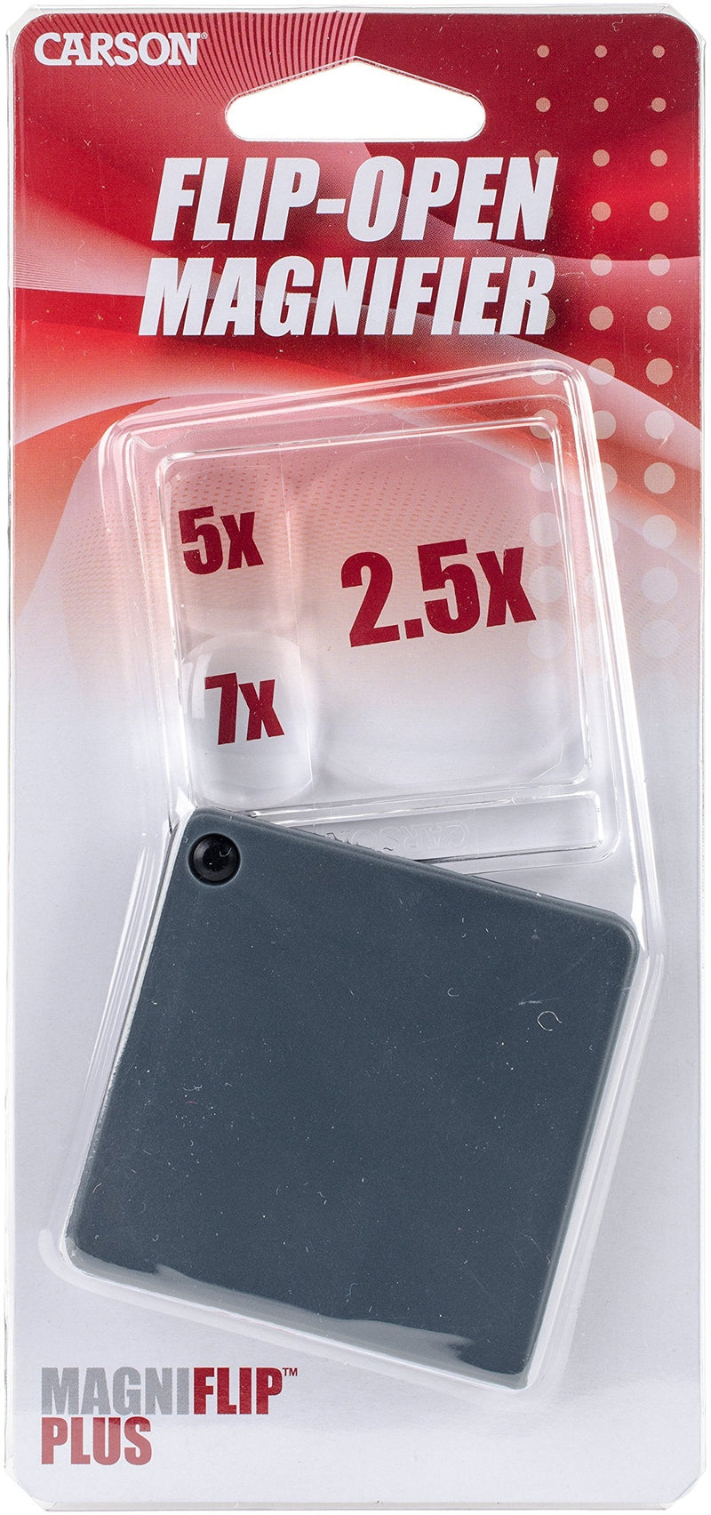 Carson MagniFlip Plus 2.5X/5X/7X Flip-Open Magnifier with Built-in Protective Case (GN-44 or GN-44MU) Single Pack