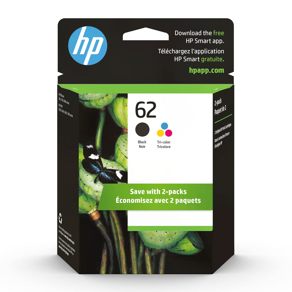 Original HP 62 Black/Tri-color Ink (2-pack) | Works with HP ENVY 5540, 5640, 5660, 7640 Series, HP OfficeJet 5740, 8040 Series, HP OfficeJet Mobile 200, 250 Series | Eligible for Instant Ink | N9H64FN