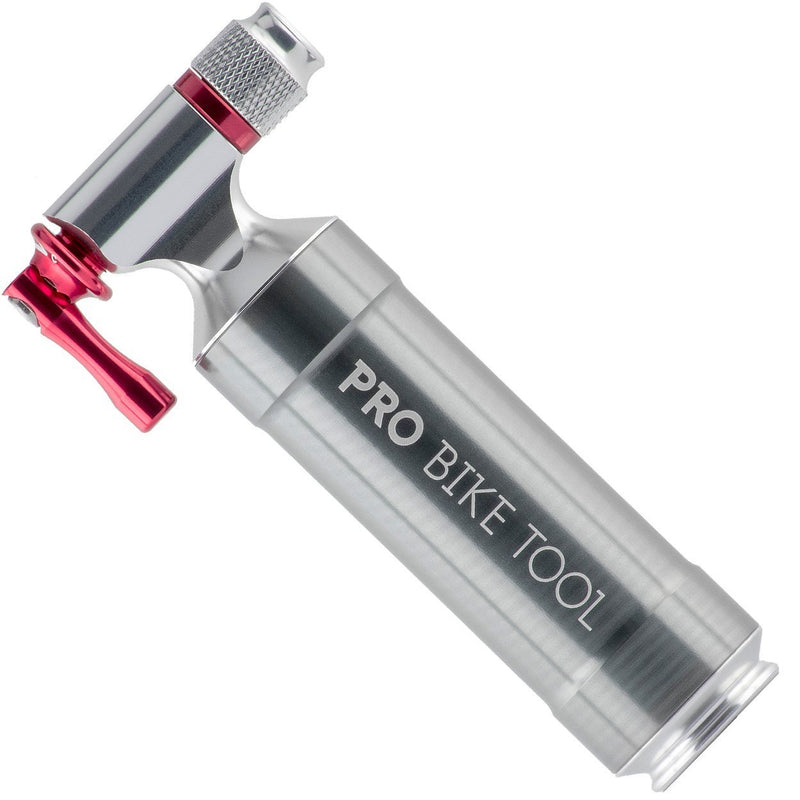 PRO BIKE TOOL CO2 Inflator with Cartridge Storage Canister - Quick, Easy and Safe - for Presta and Schrader - Bicycle Tire Pump for Road and Mountain Bikes - No CO2 Cartridges Included Titanium / Red