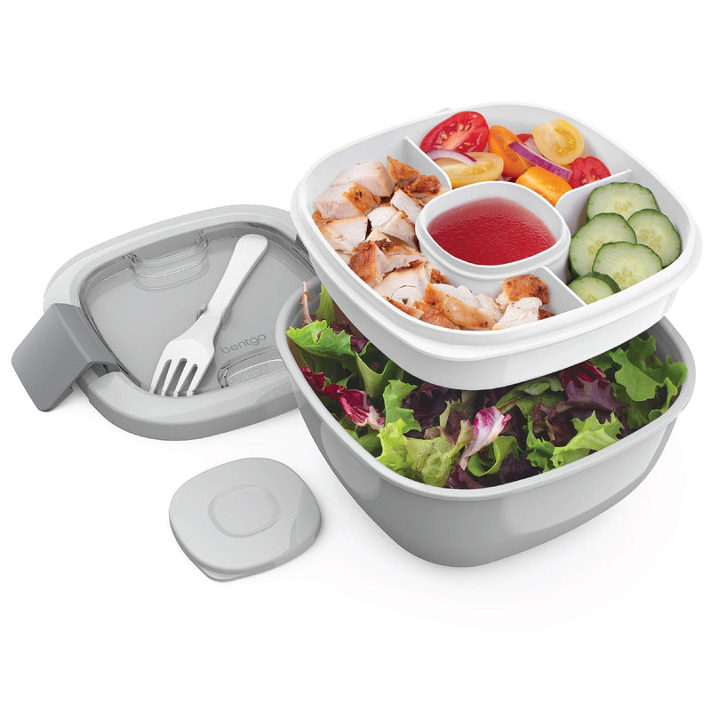 Bentgo Salad - Stackable Lunch Container with Large 54-oz Salad Bowl, 4-Compartment Bento-Style Tray for Toppings, 3-oz Sauce Container for Dressings, Built-In Reusable Fork & BPA-Free (Gray) Gray