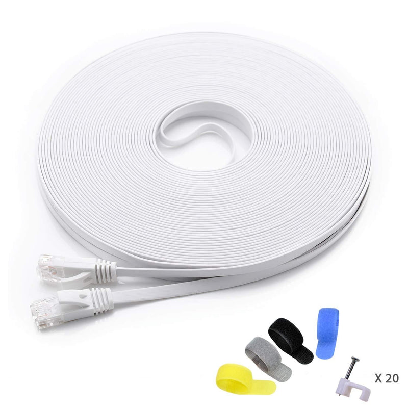 Cat 6 Ethernet Cable 100 ft (at a Cat5e Price but Higher Bandwidth) Flat Internet Network Cables - Cat6 Ethernet Patch Cable Short - Computer LAN Cable White + Free Cable Clips and Straps 100ft