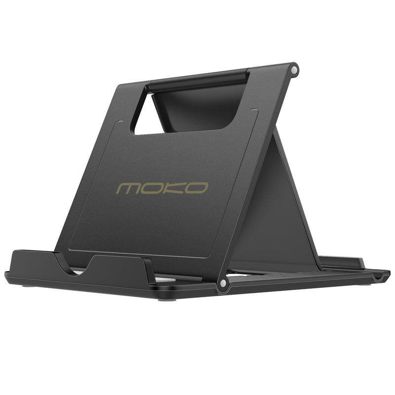 MoKo Phone/Tablet Stand, Foldable Desktop Holder Fit with iPhone 12 Pro Max / 12 Mini, 11 Pro Max, iPhone SE, iPad Pro 11, 10.2 (8th Gen), Air 4 10.9, Air 3, Mini 5, Galaxy S20, Tab S7, Black Small Size