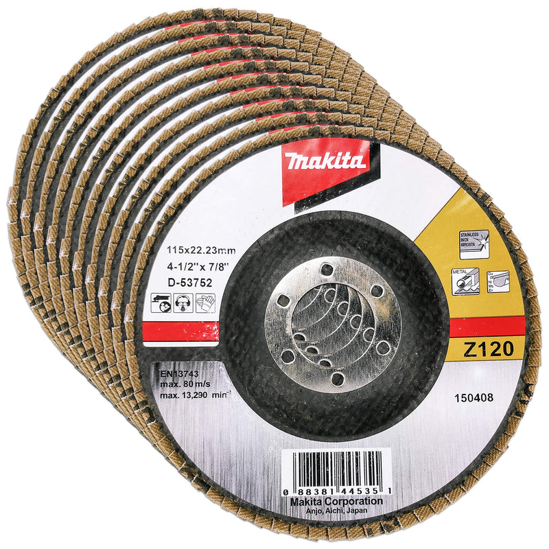 Makita 10 Pack - 120 Grit Flap Disc For Grinders - Fine Conditioning For Metal, Stainless Steel & Non-Ferrous - 4-1/2" x 7/8-Inch | Z120 Angled 10 Pack | Ultra Fine Finish