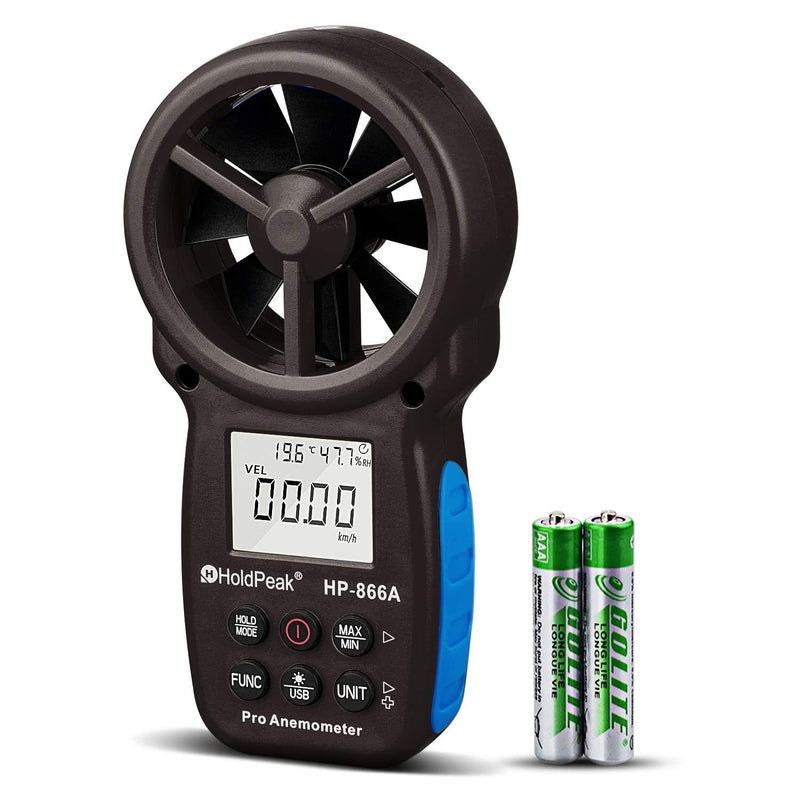 Digital Anemometer HOLDPEAK 866A Pro Handheld CFM Wind Speed Meter Via USB Connect PC Measures Wind Speed Temperature Dew Point Air Flow Meter with Data Hold & USB & Relative Humidity (Black)
