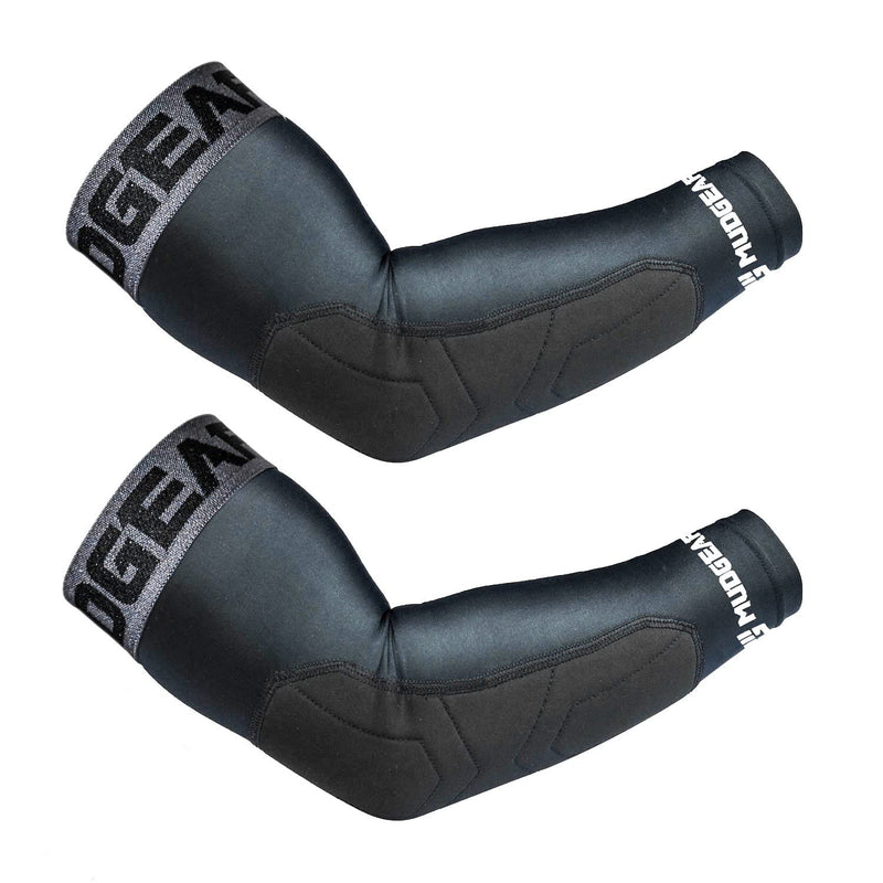 MudGear Padded Arm Sleeves 2-Pack - Men's, Women's, Youth - Compression Padded Elbow Protection - OCR, Baseball, and Football Black/Gray Medium
