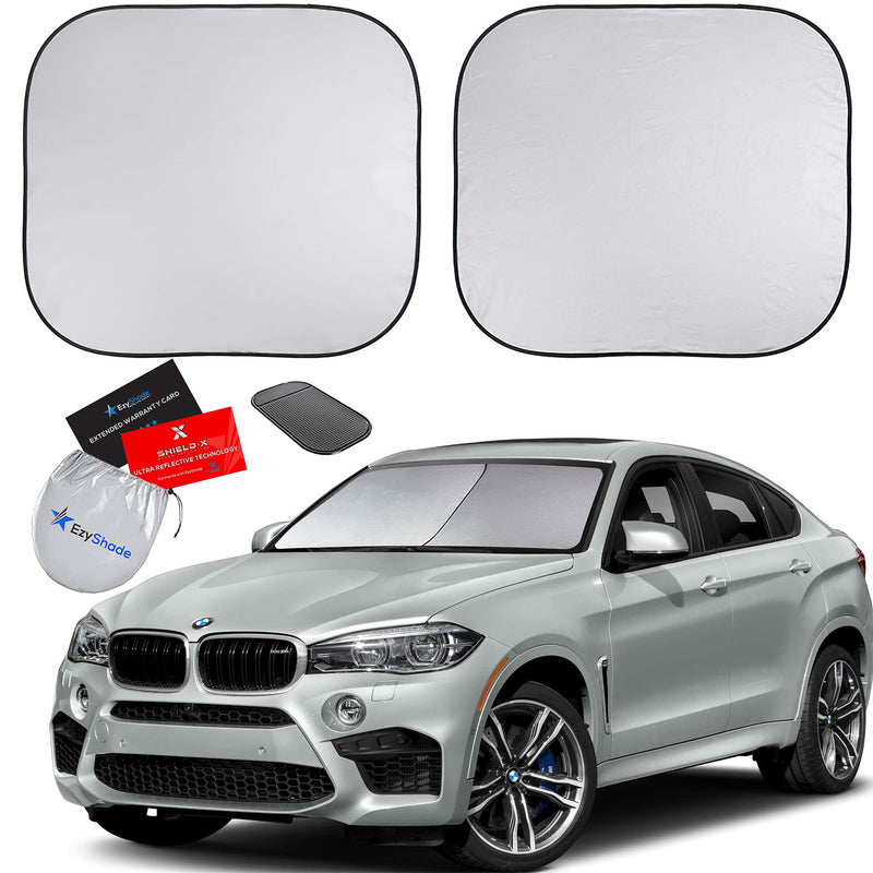 EzyShade Windshield Sun Shade with Shield-X Reflective Technology. See Size-Chart with Your Vehicle. Foldable 2-Piece Car Sunshades Reflect UV Sun and Heat and Protect Your Car. Standard (Medium) Size Standard (Medium)