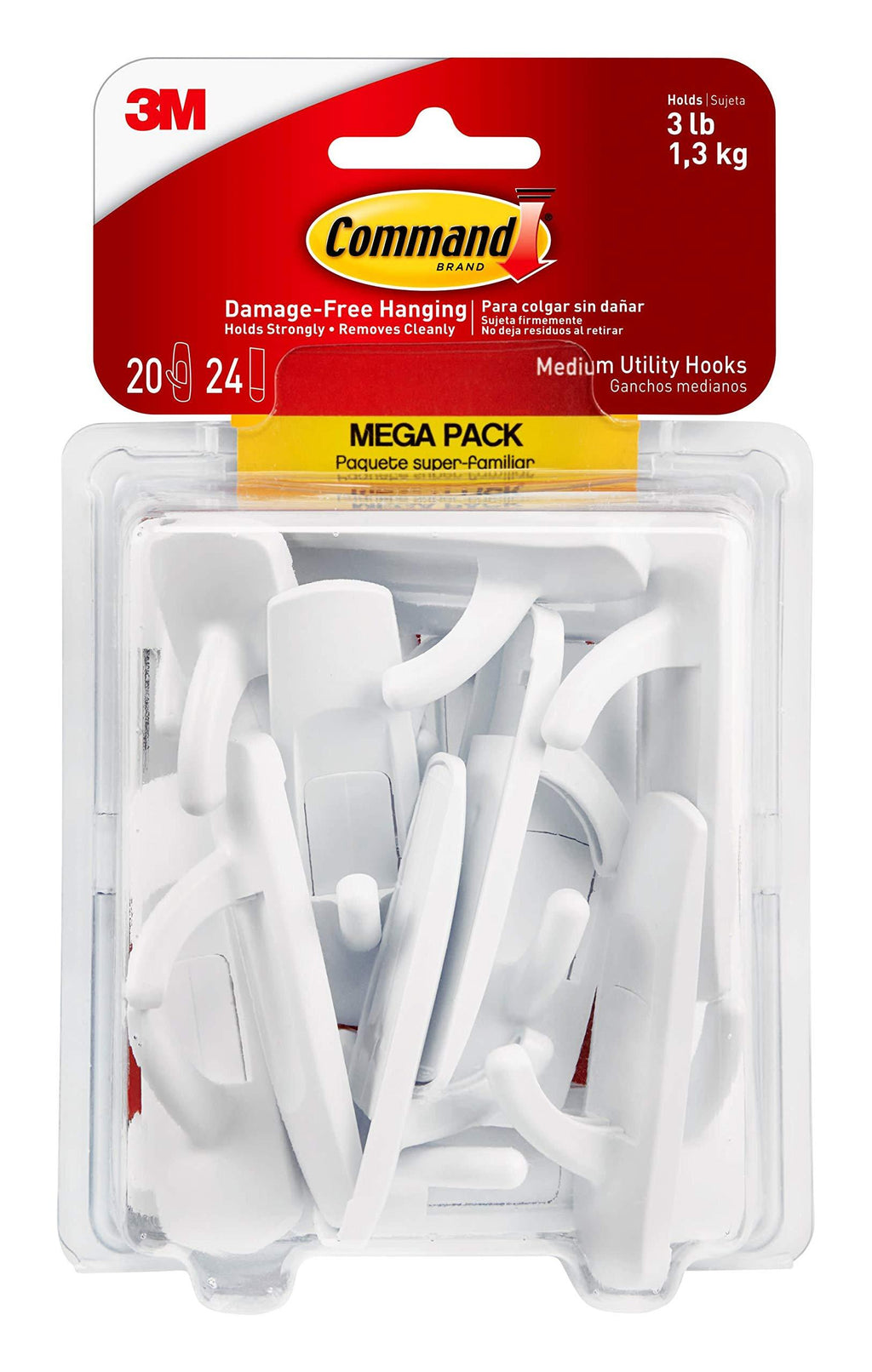 Command Medium Utility Hooks Mega Pack, White, 20-Hooks, 24-Strips, Organize Damage-Free 20 Hooks