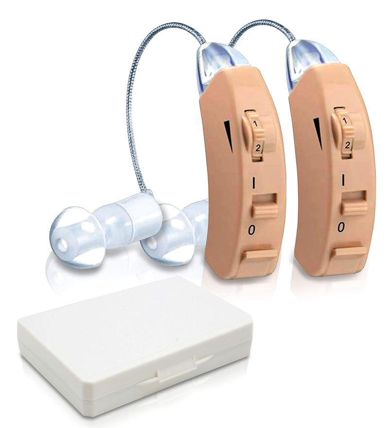 Dual BTE Hearing Enhancement Device - Behind The Ear Wireless Hear Sound Amplifier - Volume Control, - Filters Noise - Listening Kit Accessories 3 Earbuds / Tips, Case, Battery - Pyle PHLHA46