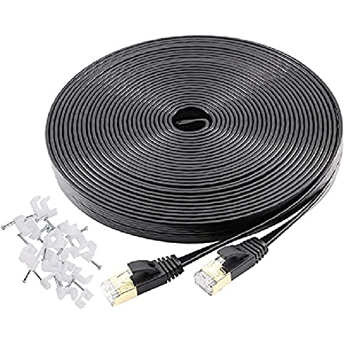 Cat 7 Ethernet Cable 50 ft Shielded, Durable Flat Internet Lan Computer patch cord, faster than Cat5e/cat6, High Speed Cat7 RJ45 Solid Network Wire for Router, Modem, Xbox, PS4, Camera, Hubs - Black 50ft