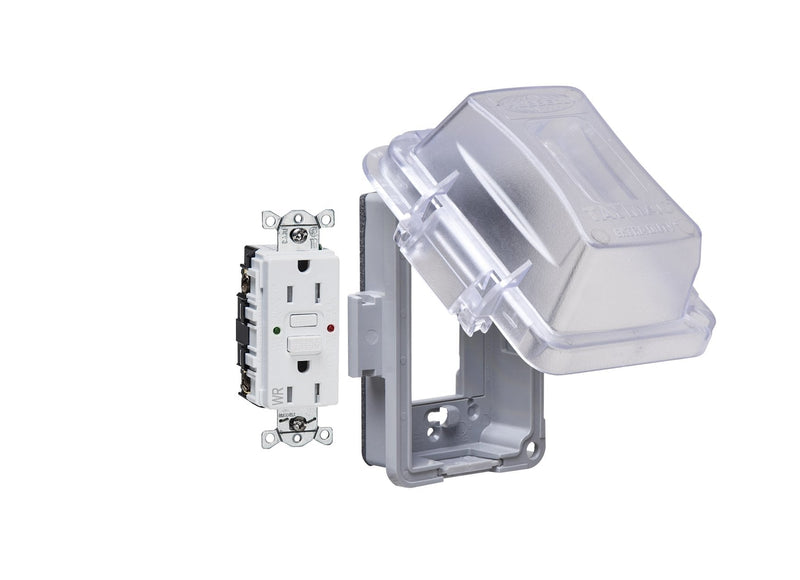 TayMac MG420CS Nonmetallic Extra Duty Complete in-Use Cover 15 Amp WRTR Self Test GFCI Kit, 1-Gang, Clear/Gray Device