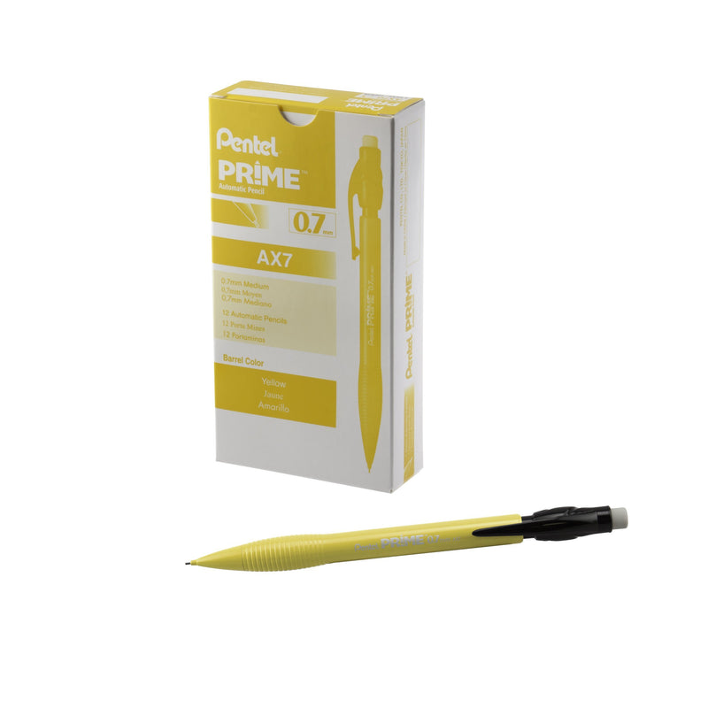 Pentel Prime Mechanical Pencil 0.7mm, Yellow Barrel, Box of 12 (AX7G) Black 12 Pack