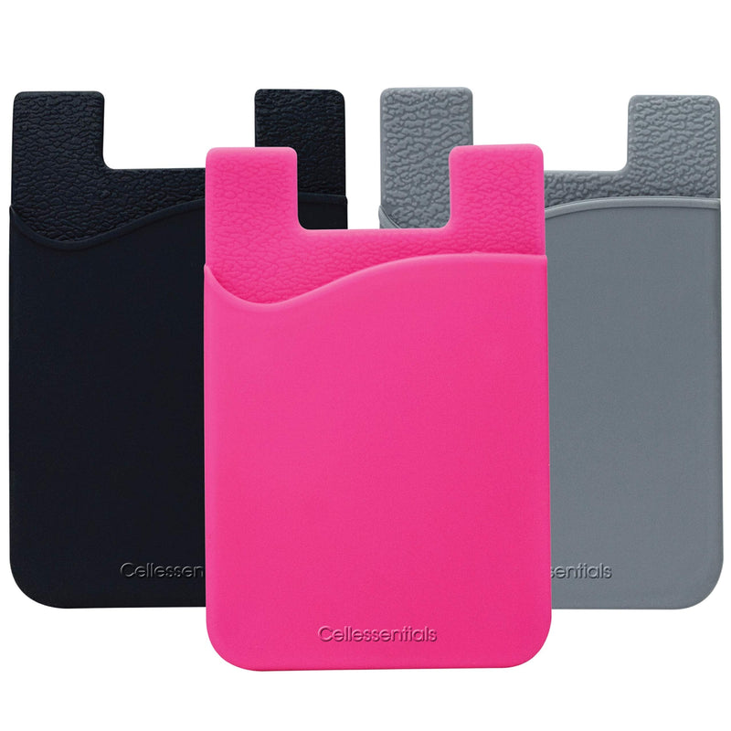 USA Merchant | Cellessentials Card Holder for Back of Phone - Silicone Stick on Cell Phone Wallet for Credit Card, ID, Business Card - iPhone, Android and Most Smartphones - 3 Pack (Black,Pink,Grey) Black, Grey & Pink