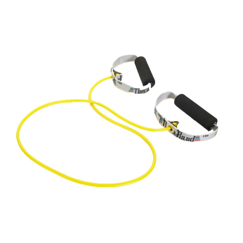TheraBand Professional Latex Resistance Tubing with Handles for Full Body Exercise, Physical Therapy, Lower Pilates, at-Home Workouts, and Rehab, Soft Handles, 48 Inch, Yellow, Thin, Beginner Level 2