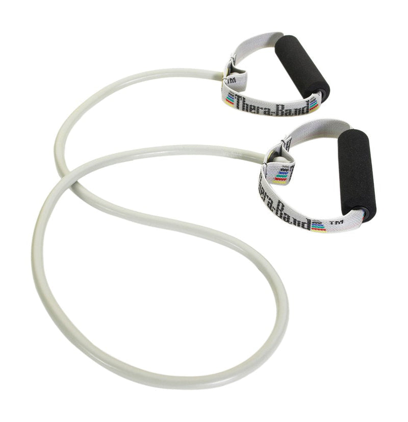 TheraBand Resistance Tubes, Professional Latex Elastic Tubing with Soft Handles for Physical Therapy, Lower Pilates, at-Home Workouts, and Rehab, 50 Inch, Silver, Super Heavy, Advanced Level 2 50 in. Tube Silver - Super Heavy