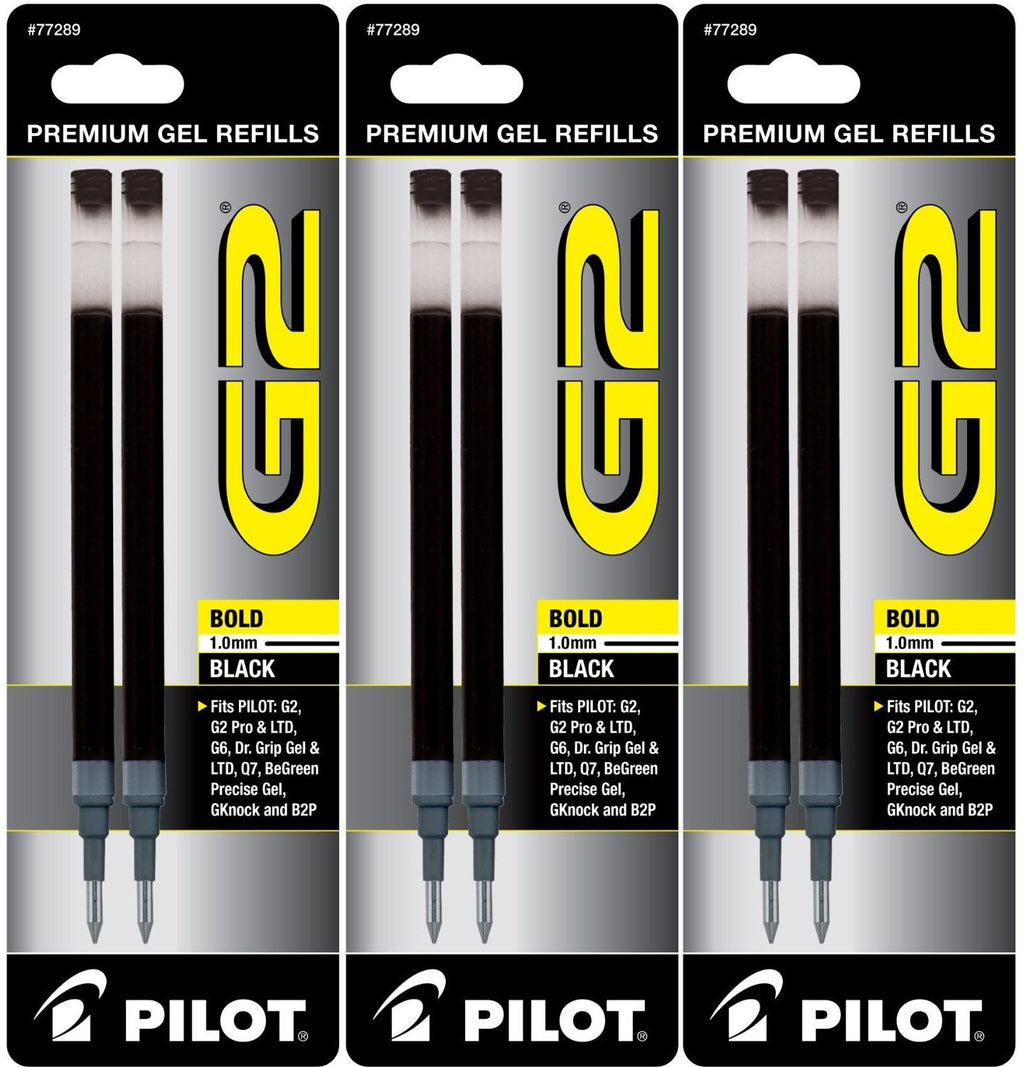 Pilot G2 Gel Ink Refill, 2-Pack for Rolling Ball Pens, Bold Point, Black Ink, Pack Of 3 = 6 Refills