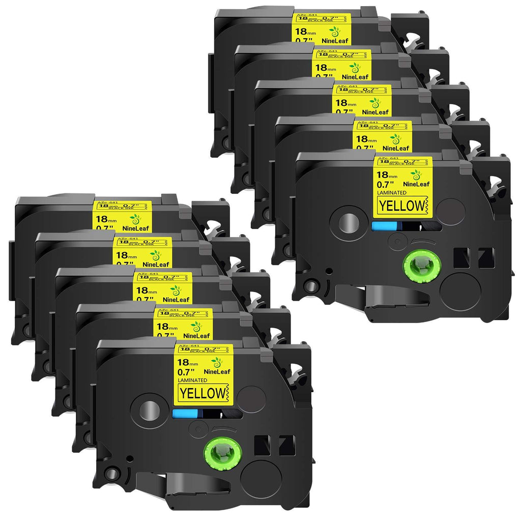 NineLeaf 10 Pack Compatible for Brother P-Touch TZ-641 TZ641 TZe-641 TZe641 Black on Yellow 0.7'' 18mm (3/4 inch) x 26.2 Feet (8m) Laminated Label Tape Work in Ptouch PTD600 PTD400 PTP700 Label Maker