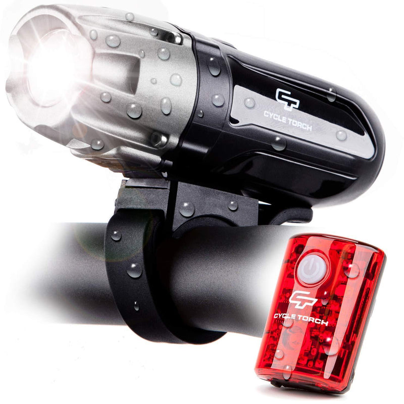 Cycle Torch Shark 550R USB Rechargeable Bike Light Set, Free USB Tail Light Included, Easy On Easy Off, Compatible with Mountain, Kids, Street and Road Bicycles Silver-Grey