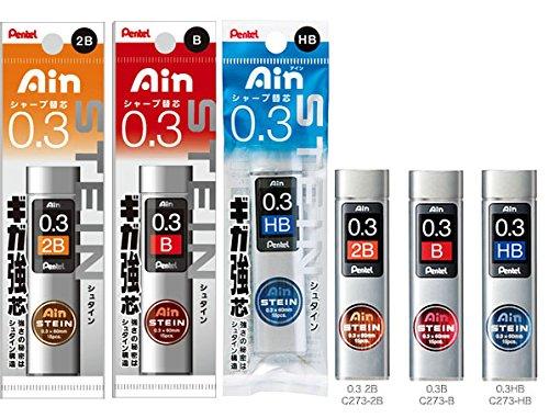 Pentel 0.3 Refill 3-piece Set 2BBHBAS for PG1013/513, Packaged Ain Stein Lead, 0.3 mm HB, B, 2B, Tube of 15pcs (XC273-HB,B,2B), 1 Each