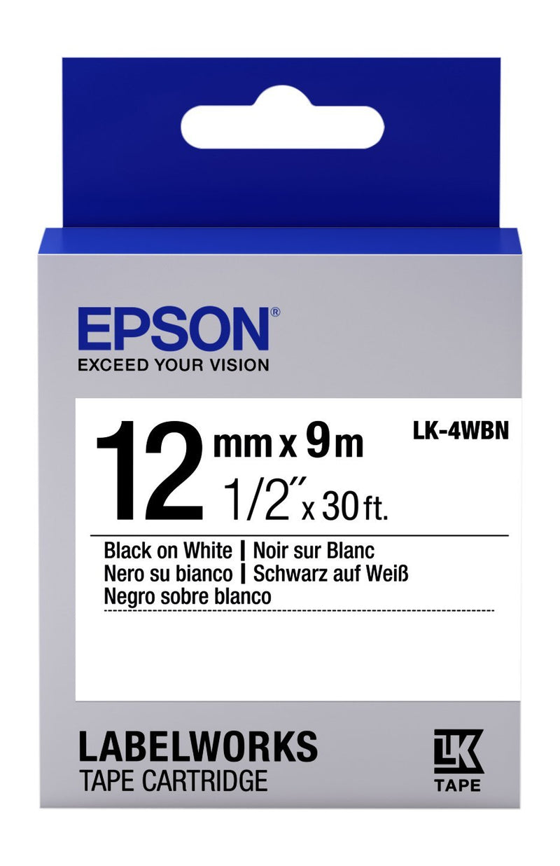 Epson LabelWorks Standard LK (Replaces LC) Tape Cartridge ~1/2" Black on White (LK-4WBN) - for use with LabelWorks LW-300, LW-400, LW-600P and LW-700 Label Printers