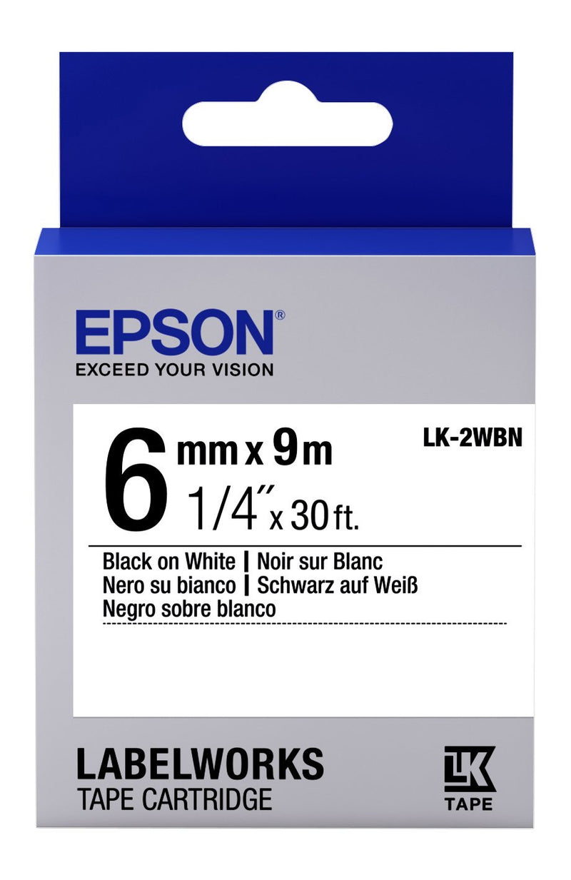 Epson LabelWorks Standard LK (Replaces LC) Tape Cartridge ~1/4" Black on White (LK-2WBN) - for use with LabelWorks LW-300, LW-400, LW-600P and LW-700 Label Printers