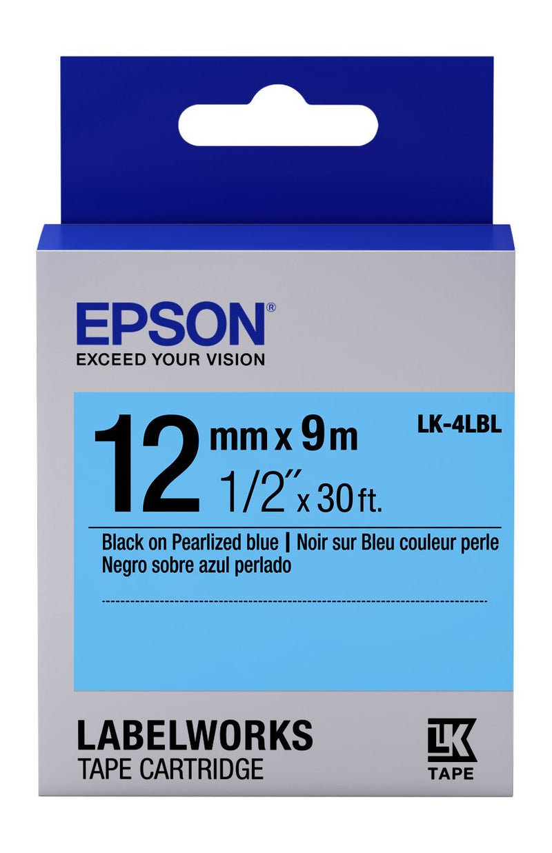 Epson LabelWorks Standard LK (Replaces LC) Tape Cartridge ~1/2" Black on Pearlized Blue (LK-4LBL) - for use with LabelWorks LW-300, LW-400, LW-600P and LW-700 Label Printers