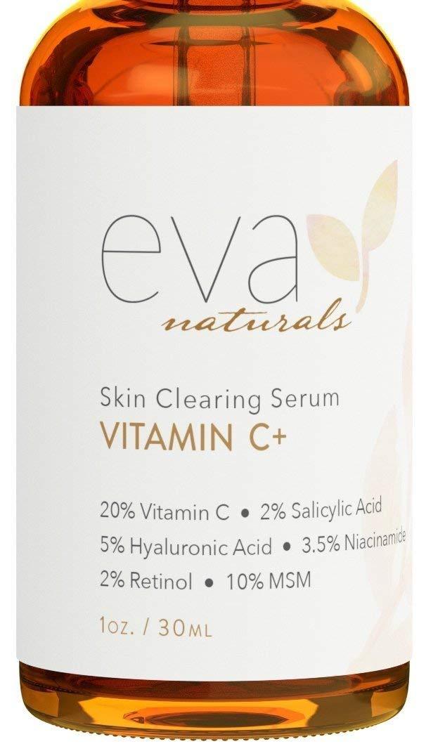 Eva Naturals Vitamin C Serum Plus 2% Retinol, 3.5% Niacinamide, 5% Hyaluronic Acid, 2% Salicylic Acid, 10% MSM, 20% Vitamin C - Skin Clearing Serum - Anti-Aging Skin Repair, Face Serum (1 oz) 1 Ounce (Pack of 1)