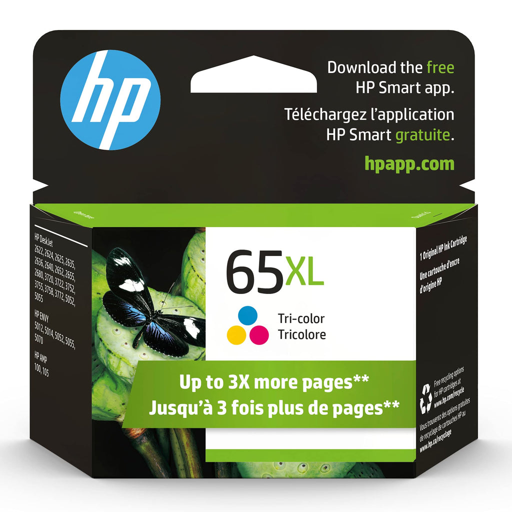 Original HP 65XL Tri-color High-yield Ink Cartridge | Works with HP AMP 100 Series, HP DeskJet 2600, 3700 Series, HP ENVY 5000 Series | Eligible for Instant Ink | N9K03AN 1