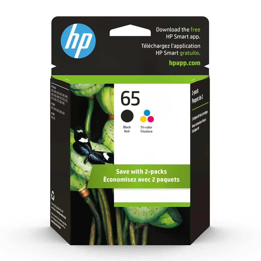 Original HP 65 Black/Tri-color Ink Cartridges (2-pack) | Works with HP AMP 100 Series, HP DeskJet 2600, 3700 Series, HP ENVY 5000 Series | Eligible for Instant Ink | T0A36AN