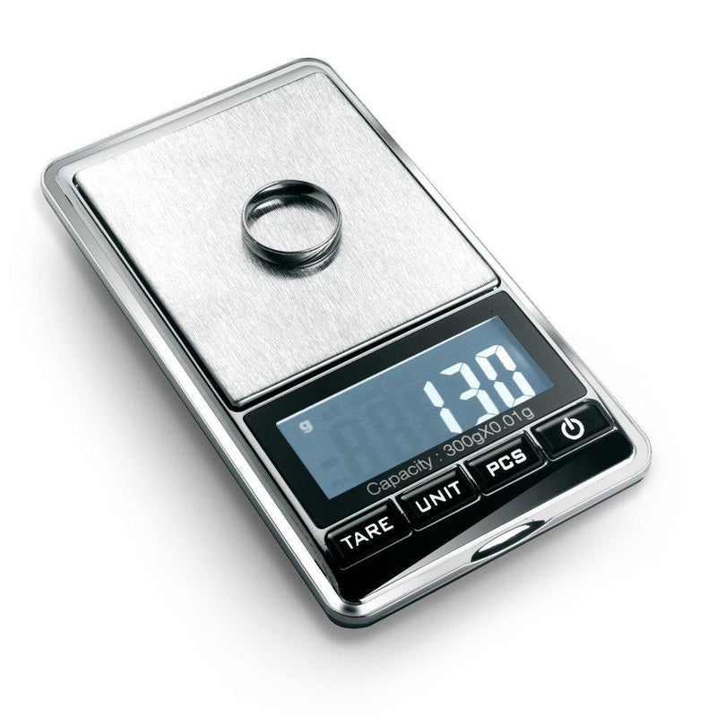 Flexzion Jewelry Scale Digital Mini Diamond Gold Coin Small Items Weight Gram Weigh Pocket Tool LCD Display 300g x 0.01g Precision Portable 7 Unit Switch Silver