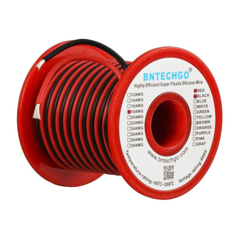 BNTECHGO 18 Gauge Silicone Wire Spool Red and Black Each 25ft 2 Separate Wires Flexible 18 AWG Stranded Copper Wire 18 gauge silicone wire 25ft red and 25ft black 18 gauge silicone wire red and black