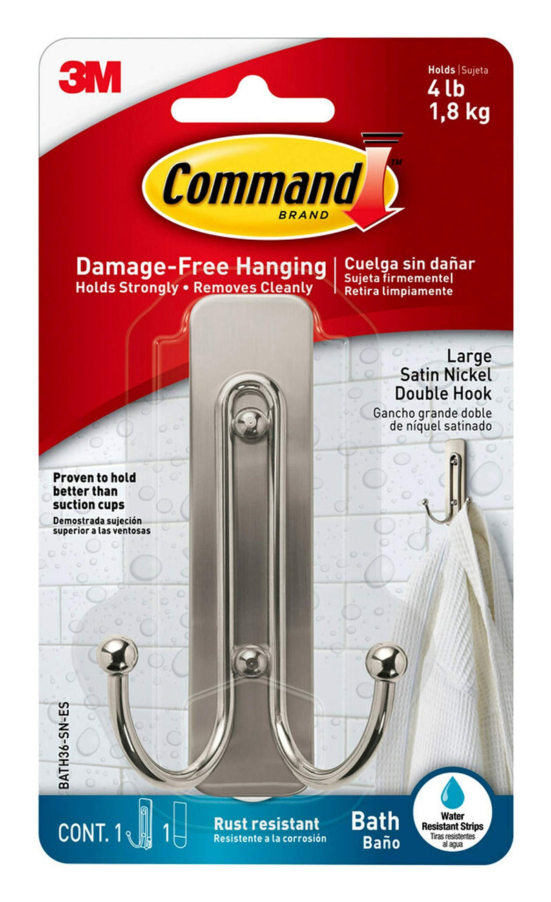 Command Large Double Bath Hook, Satin Nickel, 1-Hook, 1-Water-Resistant Strip, Organize Damage-Free Bath - Satin Nickel