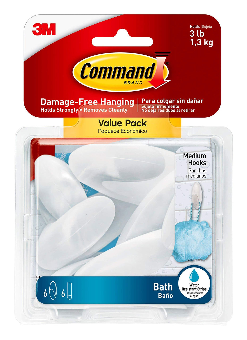 Command Bath Medium Hook Value Pack, Clear Frosted, 6-Medium Hooks, 6-Water Resistant Strips, Organize Damage-Free 6 Hooks