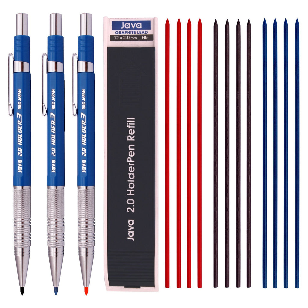 Java Pen 2.0 mm Lead Holder Pen Mechanical Pencil for Draft Drawing,Carpenter,Crafting, Art Sketching Sharpener (Pack of 3 Pens) + (2.0mm Hb Lead 1 Tube-Red 4+Blue 4 + Black 4=12 Leads)