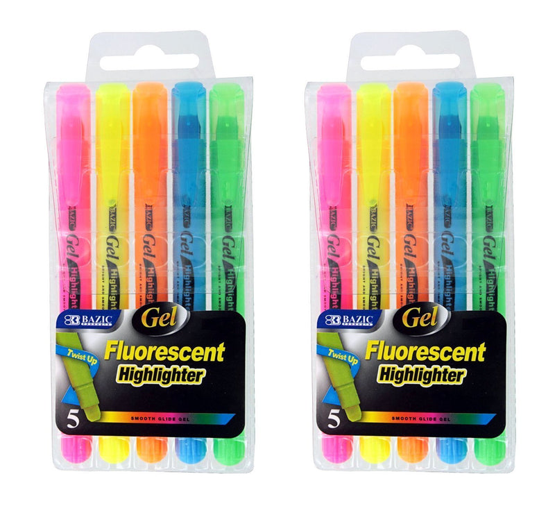 2 Sets of 5 Gel Highlighters, Assorted Fluorescent Colors 2 Sets