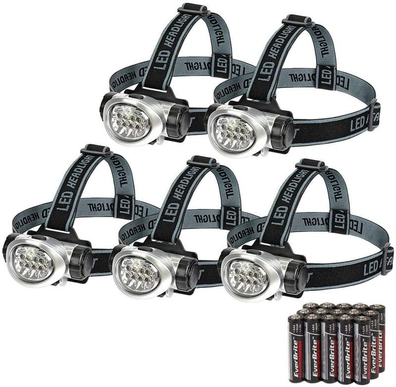 EverBrite 5-Pack LED Headlamp Flashlight for Running, Camping, Reading, Fishing, Hunting, Walking, Jogging, Durable Light Weight Head Lights Batteries Included