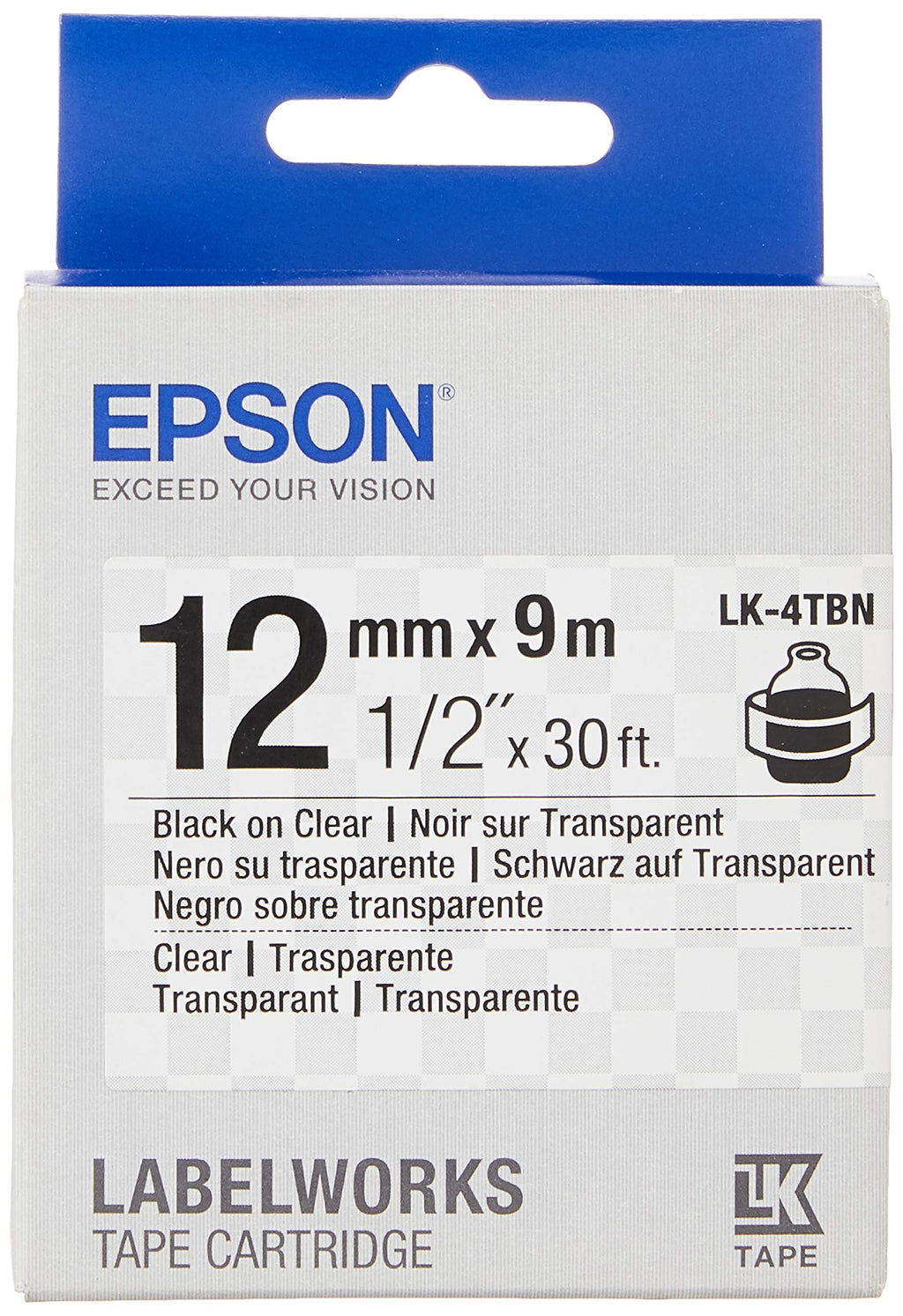 Epson LabelWorks Clear LK (Replaces LC) Tape Cartridge ~1/2" Black on Clear (LK-4TBN) - for use with LabelWorks LW-300, LW-400, LW-600P and LW-700 Label Printers