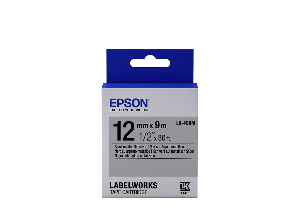 Epson LabelWorks Standard LK (Replaces LC) Tape Cartridge ~1/2" Black on Metallic Silver (LK-4SBM) - for use with LabelWorks LW-300, LW-400, LW-600P and LW-700 Label Printers